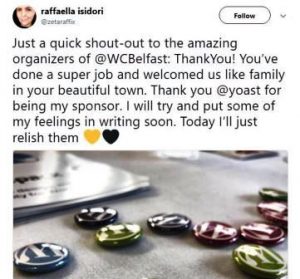A picture of the tweet by speaker Raffaella saying how much she enjoyed WCBELFAST