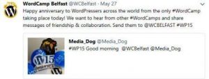 Tweet featuring WP15 swag and encouraging messages of friendship to be shared